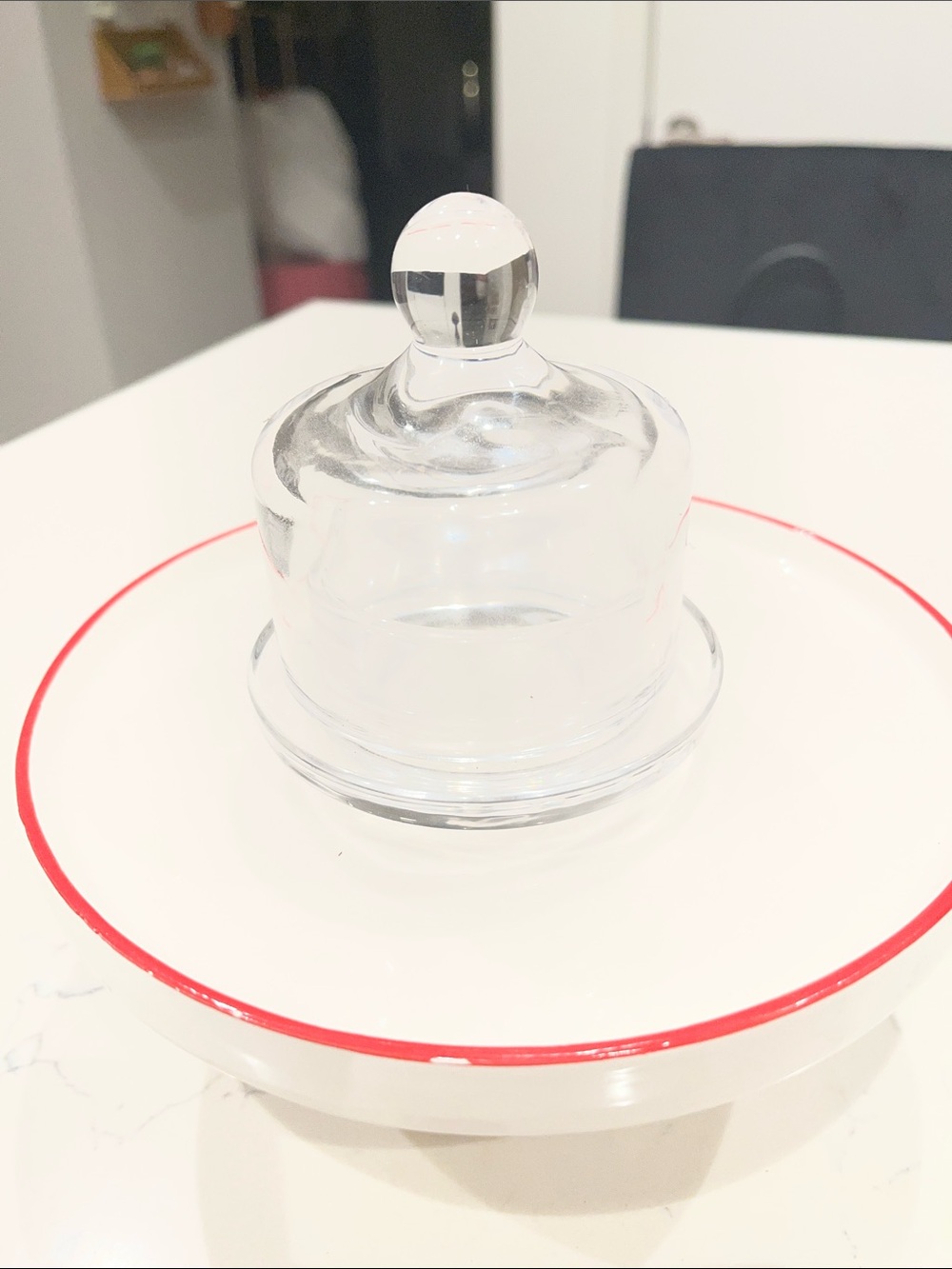 Clear Glass Butter Dish with Dome Lid - White and Red Accent